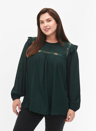 Viscose blouse with frills and lace, Scarab, Model image number 0