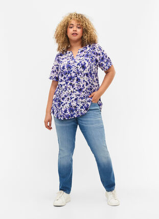 Blouse with short sleeves and v-neck, Purple Small Flower, Model image number 2