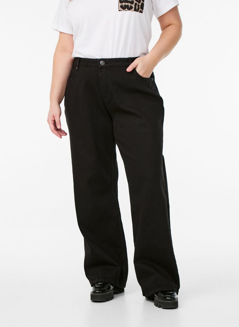 Wide leg jeans with high waist, Black, Model image number 2