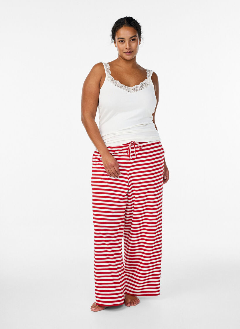 Striped pyjama trousers with a high waist and wide legs., Red, Model image number 0