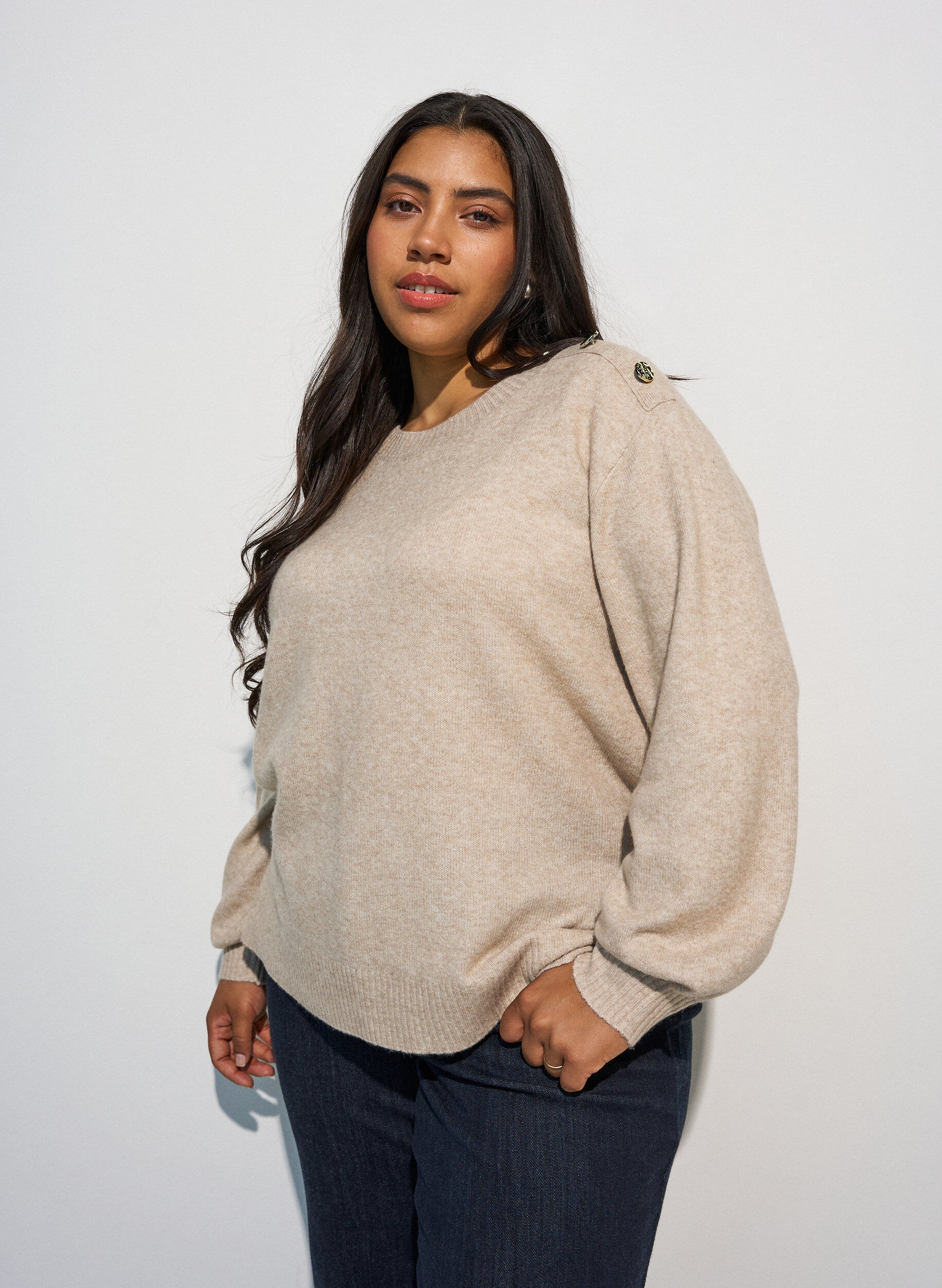 Knit blouse with button detail, Beige, Model