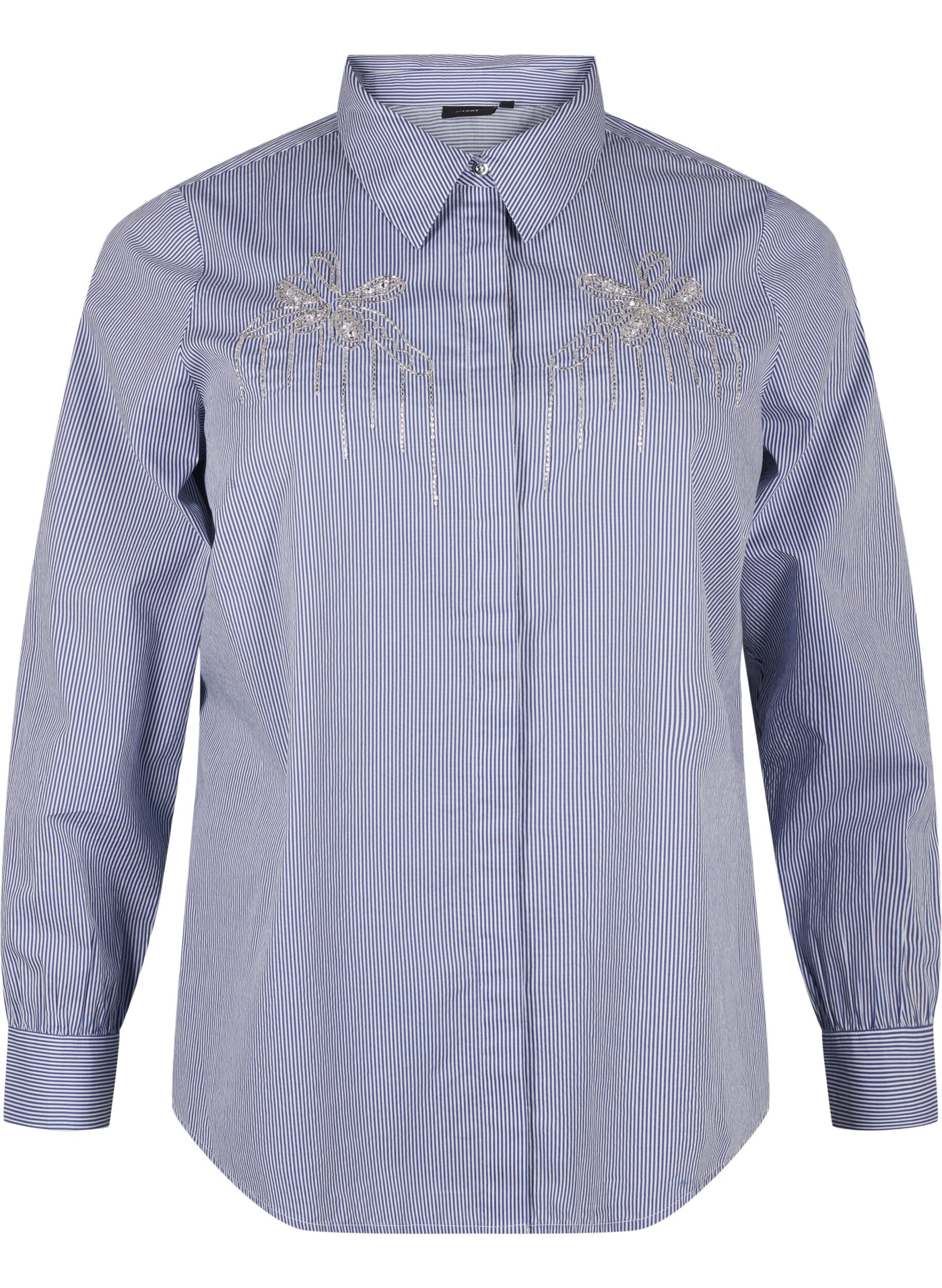 Zizzifashion Organic cotton shirt with bead embroidery, Blue, Packshot image number 0