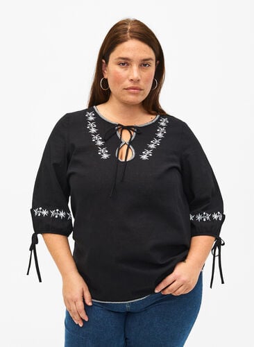 Embroidered blouse in cotton blend with linen, Black W. EMB, Model image number 0