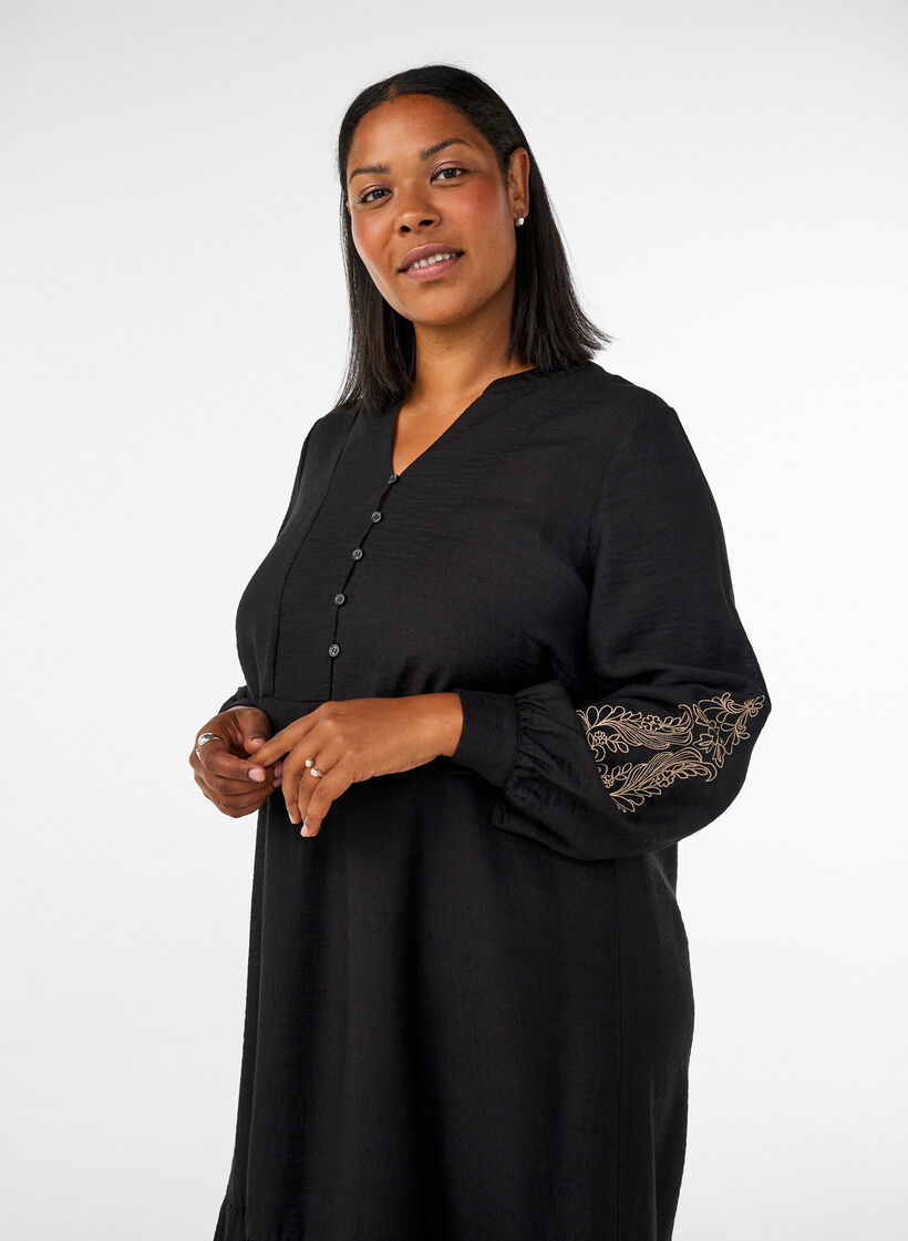 Viscose dress with embroidery and tiered ruffles, Black, Model image number 2