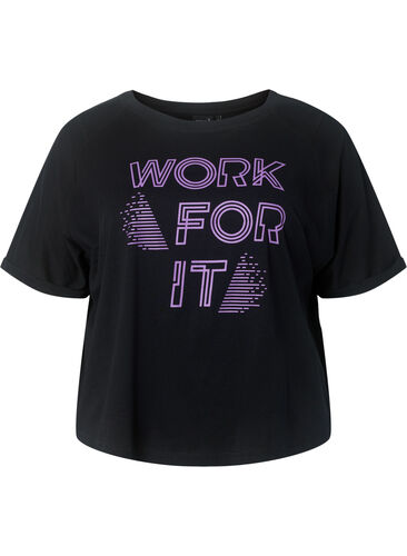 Cotton training t-shirt with print, Black w. Work For It, Packshot image number 0