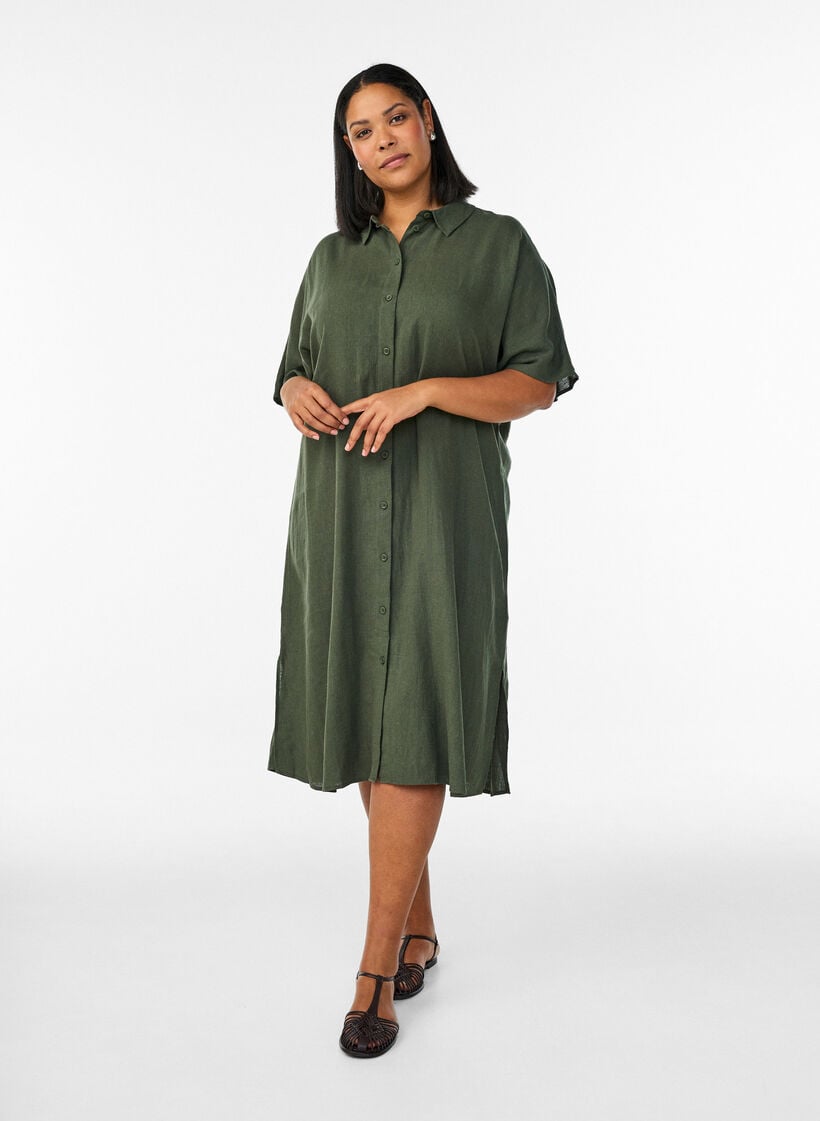 Shirt dress in linen and viscose with short sleeves, Green, Model image number 1
