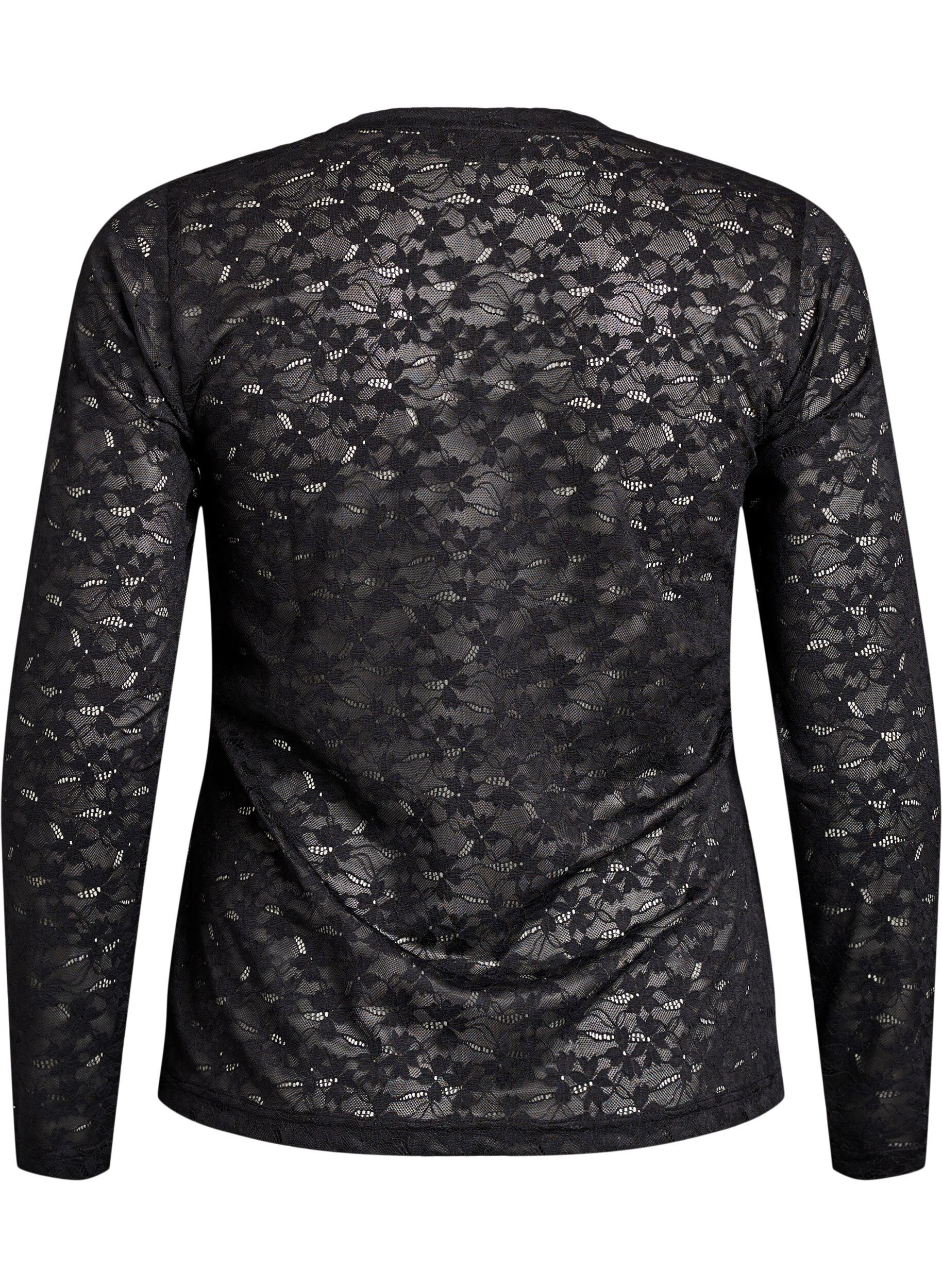 Zizzifashion Lace blouse with round neck and slim fit, Black, Packshot image number 1