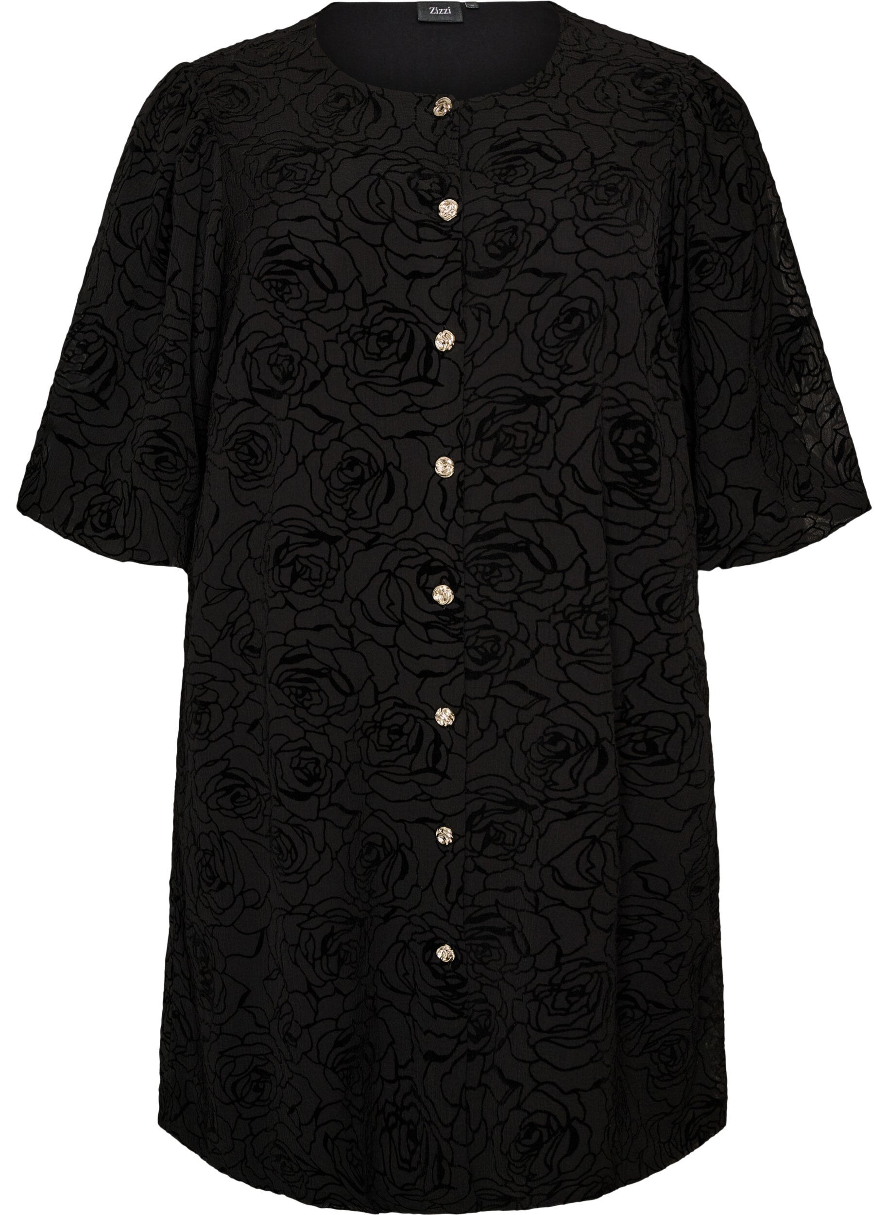 Short dress with rose print and buttons