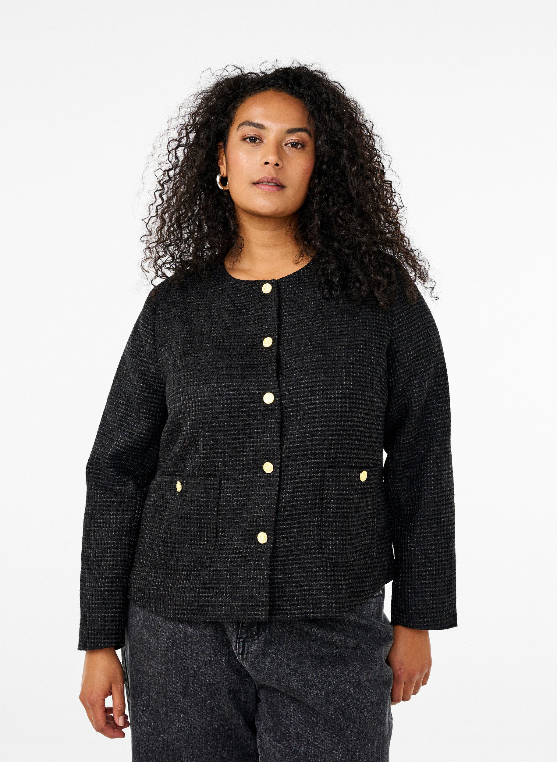 Zizzifashion Boucle jacket with pockets and decorative buttons, Black, Model image number 0
