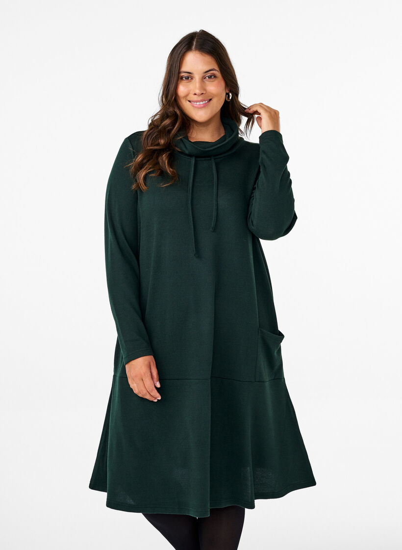 Jersey dress with high neck and pockets, Green, Model image number 0