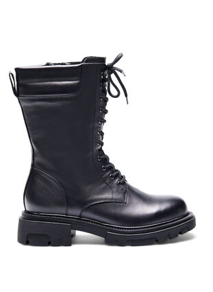 Wide fit leather boot with zip and laces, Black, Packshot image number 0