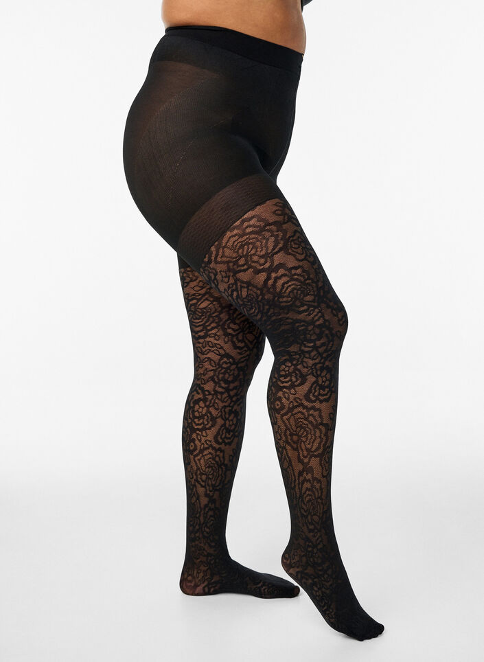 70 denier push-up tights with rose pattern, Black, Packshot image number 0