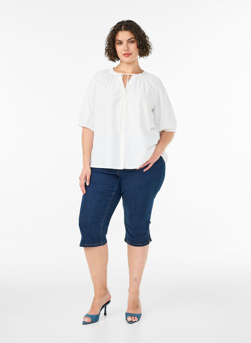 Shirt blouse with button fastening and tie-belt, White, Model image number 1