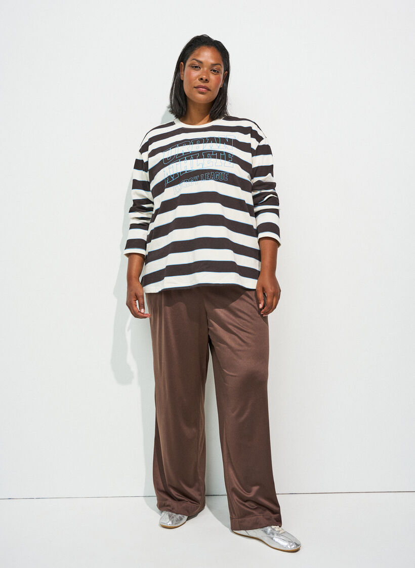 Striped jersey blouse with a sporty text print, Brown, Model image number 1