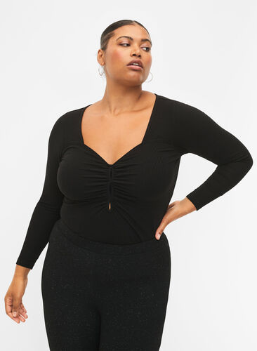 Ribbed blouse with hole detail, Black, Model image number 0