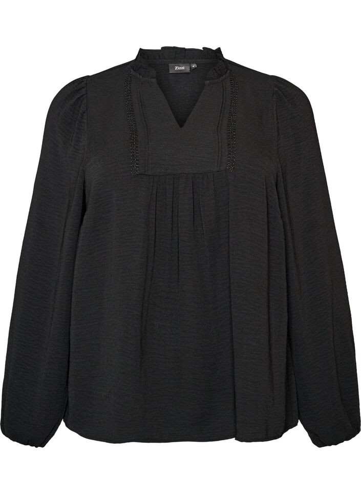 Blouse with V-neck and crochet band, Black, Packshot image number 0