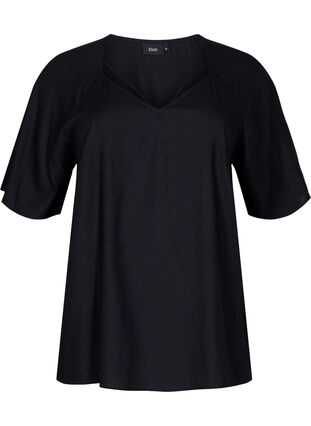 Short-sleeved viscose blouse with string detailing, Black, Packshot image number 0