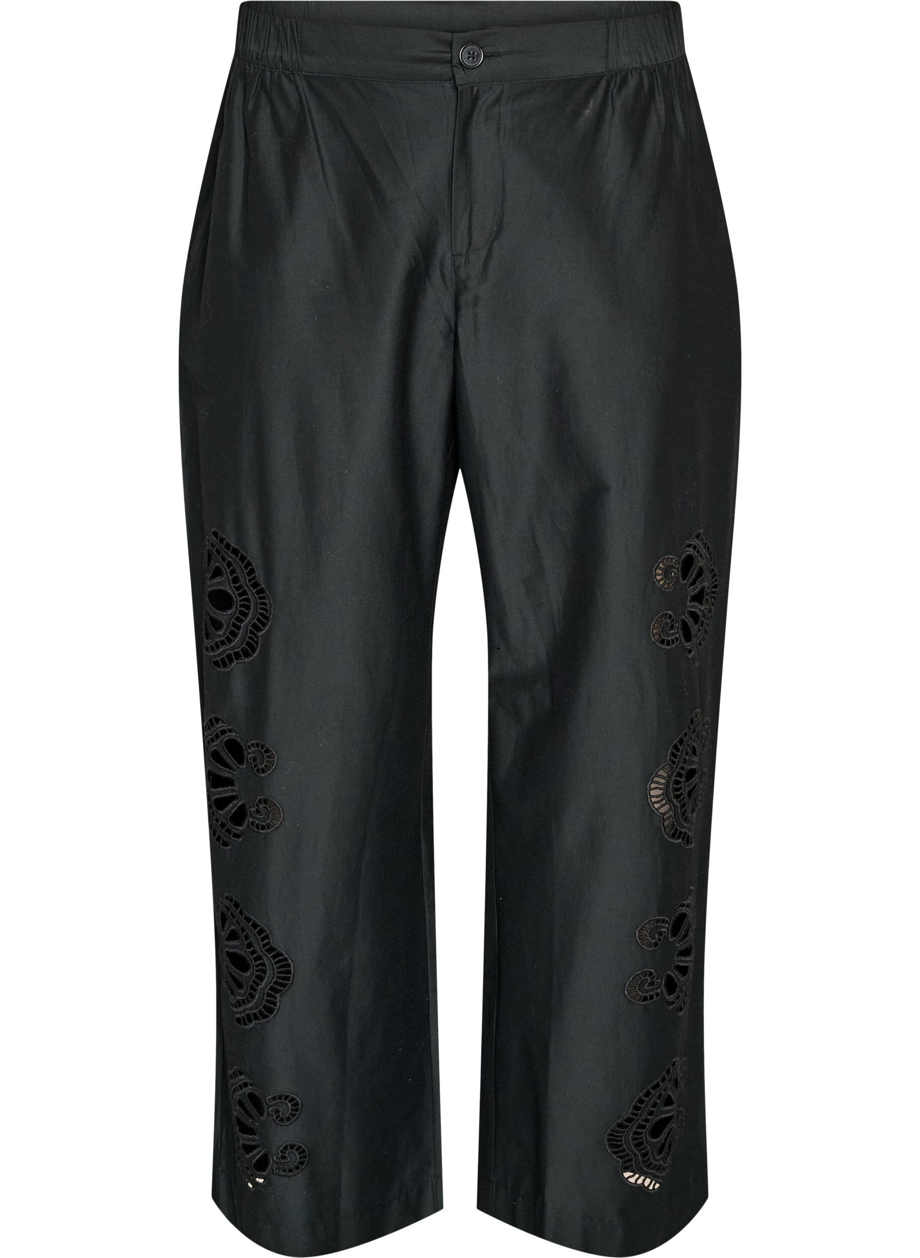 ZizzifashionCotton trousers with embroidered cut-outs, Black, Packshot image number 0