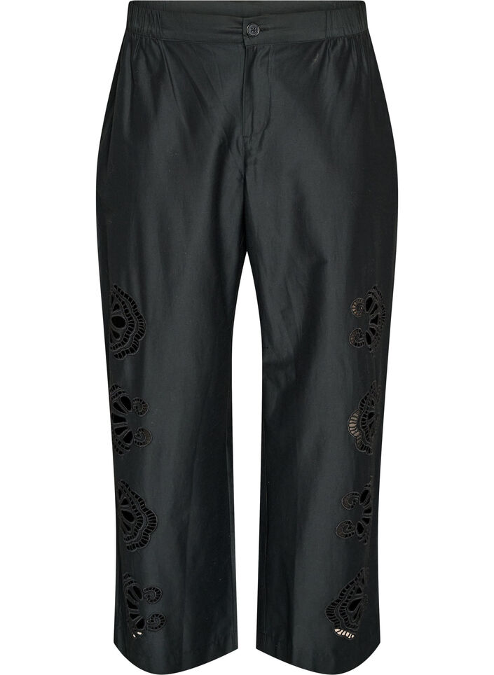 Cotton trousers with embroidered cut-outs, Black, Packshot image number 0
