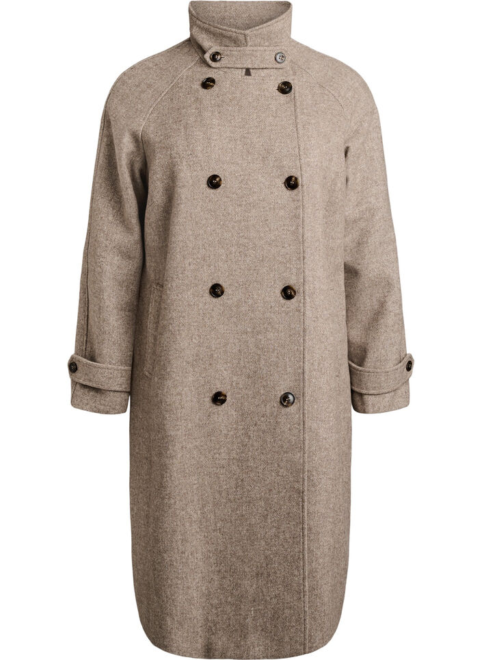 Long wool coat with a high collar and double-breasted design, Brown, Packshot image number 0