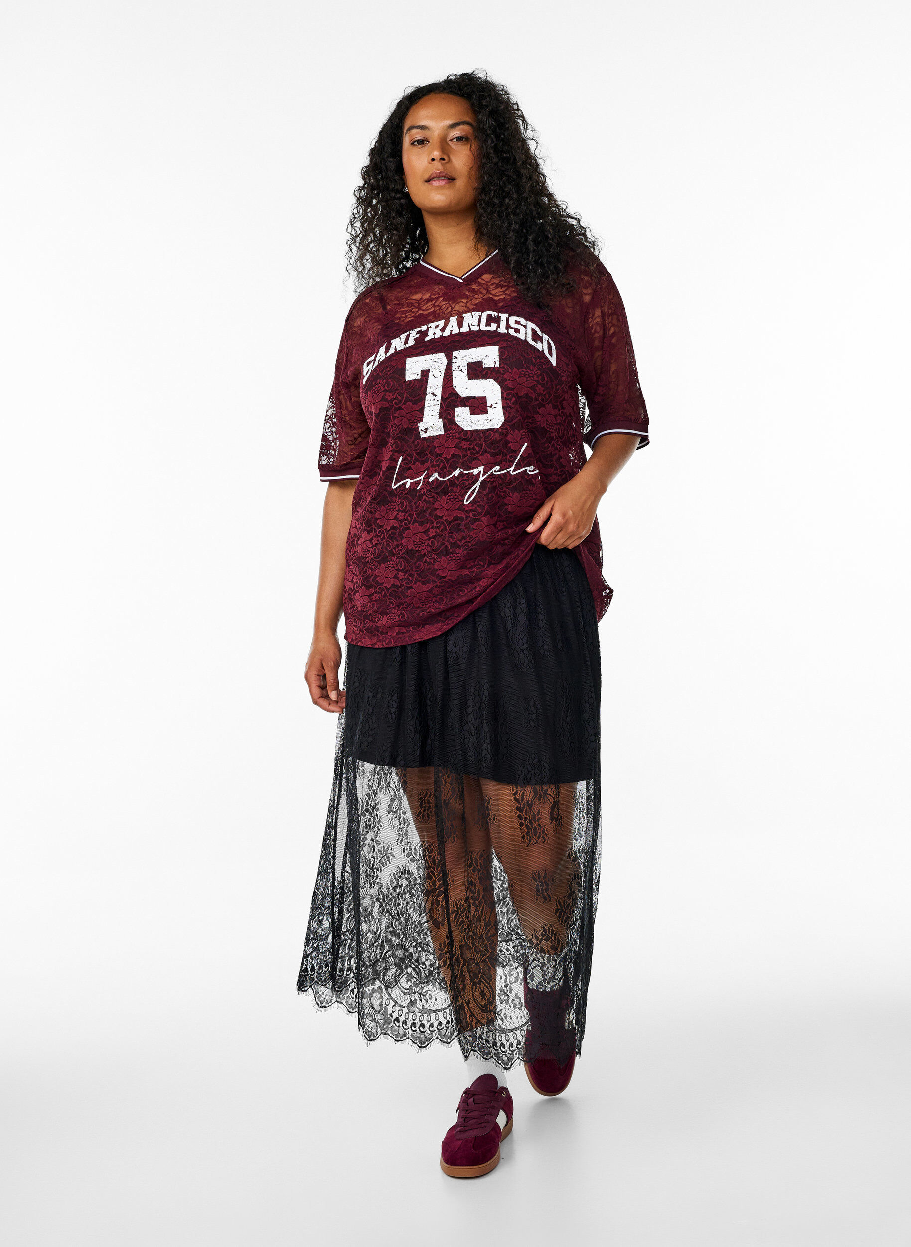 Zizzifashion Sporty lace t-shirt with a loose fit, Dark Bordeaux, Model image number 1