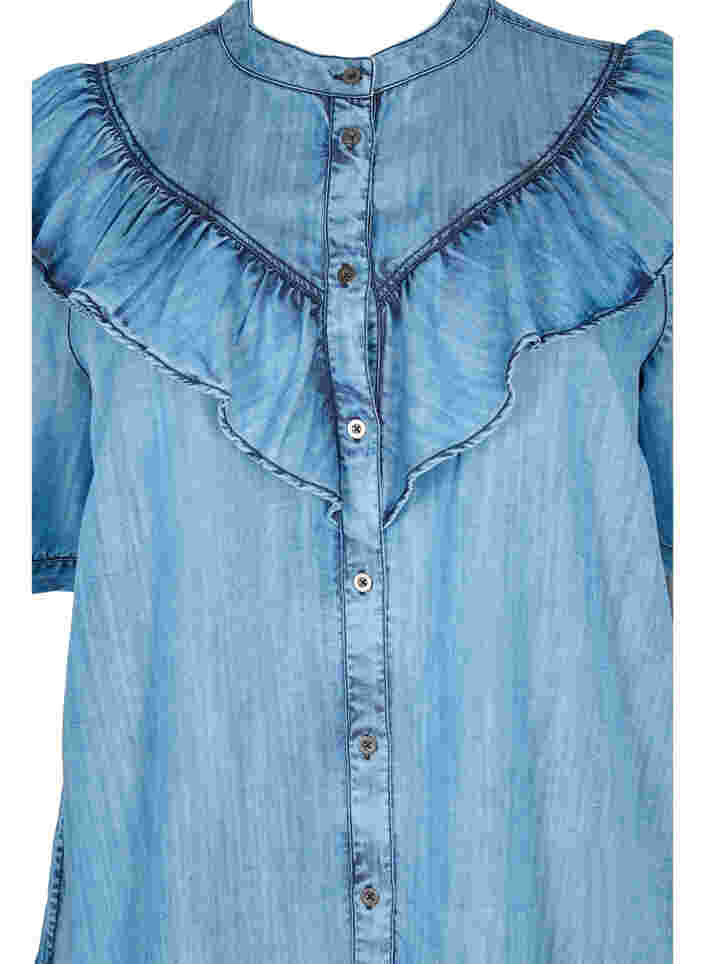 Short-sleeved ruffle denim dress, Blue denim, Packshot image number 2