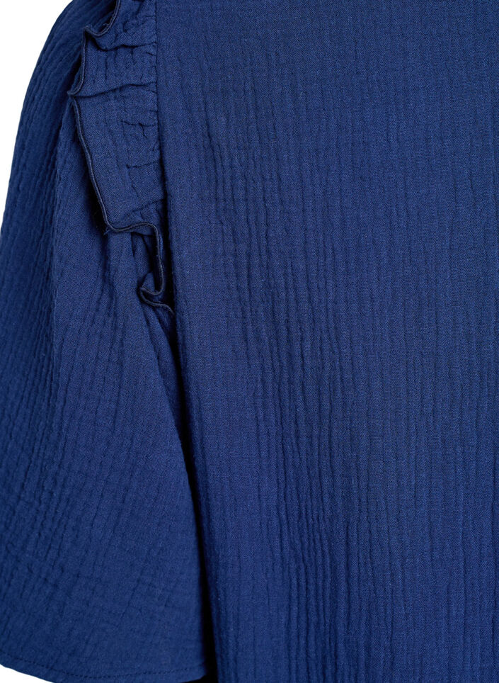 Blouse in cotton muslin with broderie anglaise and 1/2 sleeves, Blue, Packshot image number 3