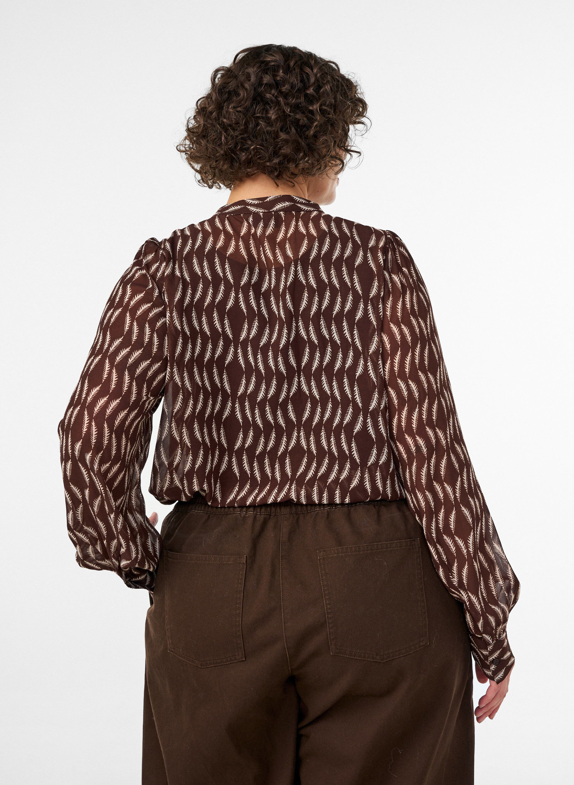 ZizzifashionBlouse with all-over print and short button placket, Brown, Model image number 2