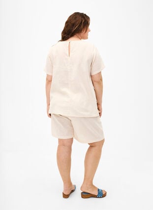 Short-sleeved blouse in a cotton blend with linen and lace detail, Sandshell, Model image number 1