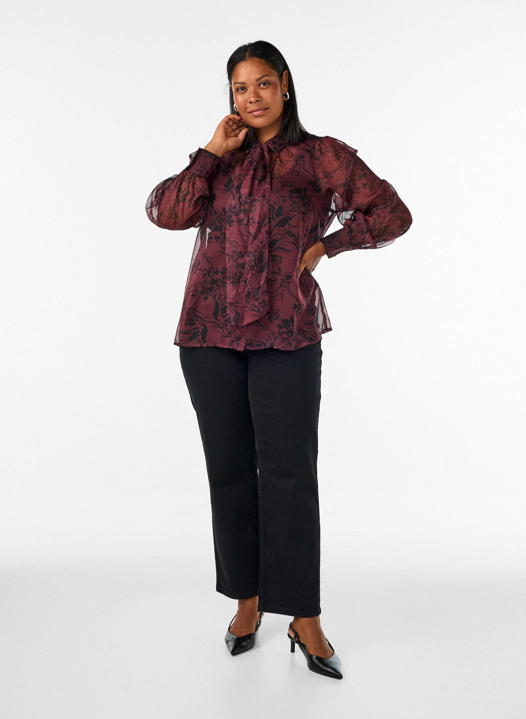 ZizzifashionSheer shirt blouse with floral pattern and tie detail, Dark Bordeaux, Model image number 1