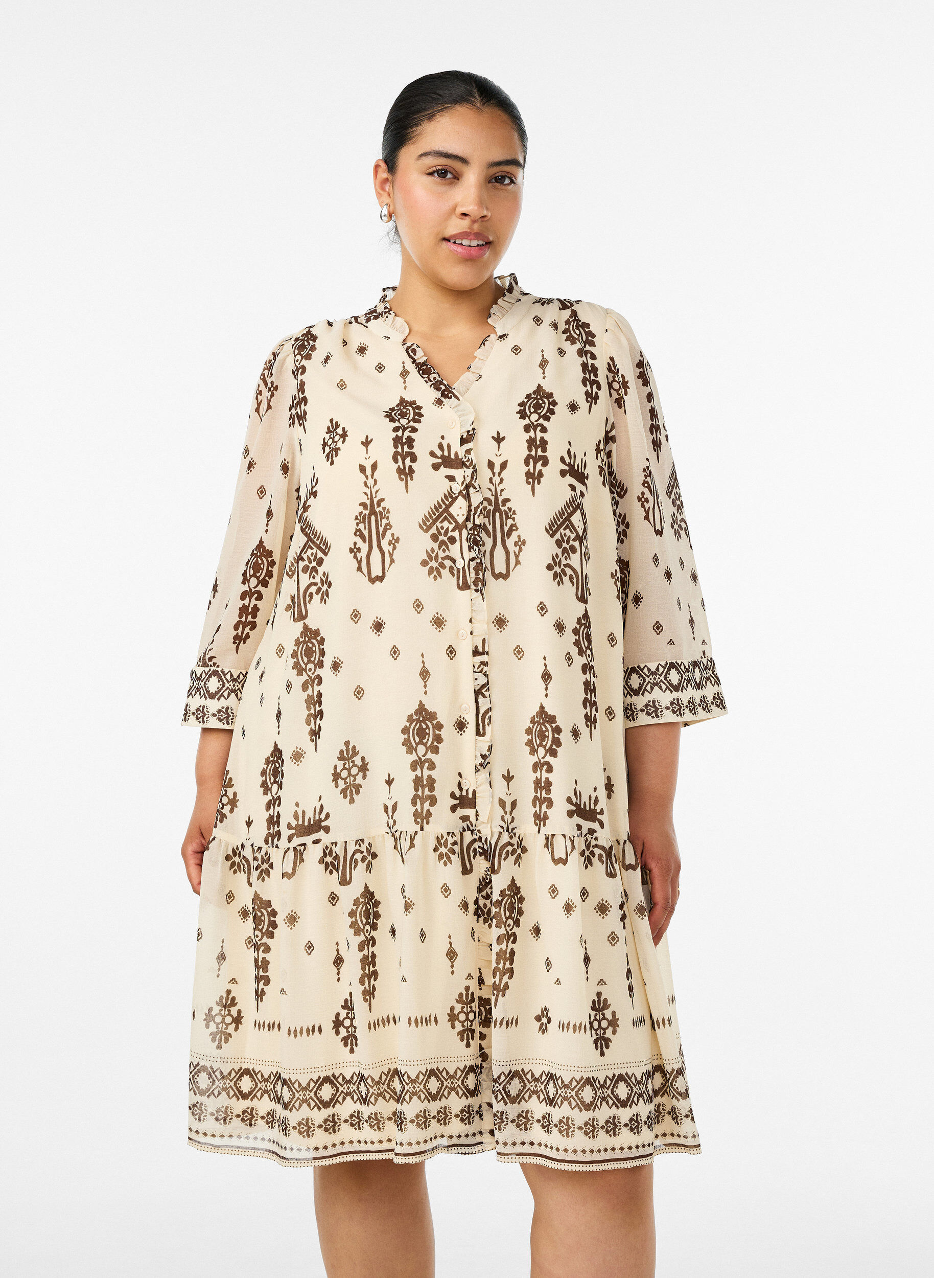 ZizzifashionDress with ornament print and ruffle collar, Beige, Model image number 0