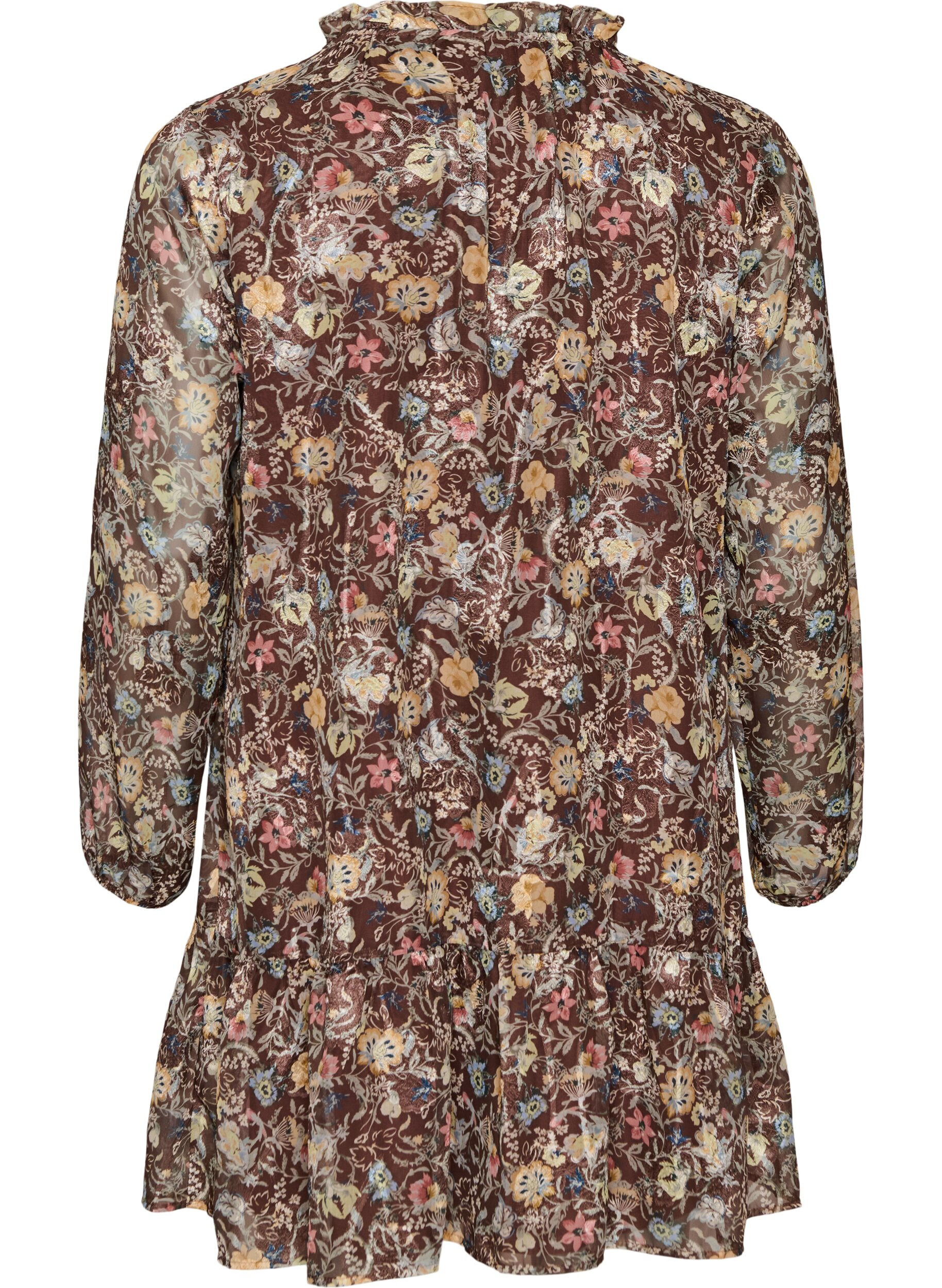 ZizzifashionChiffon dress with floral print and ruffle layers, Brown, Packshot image number 1