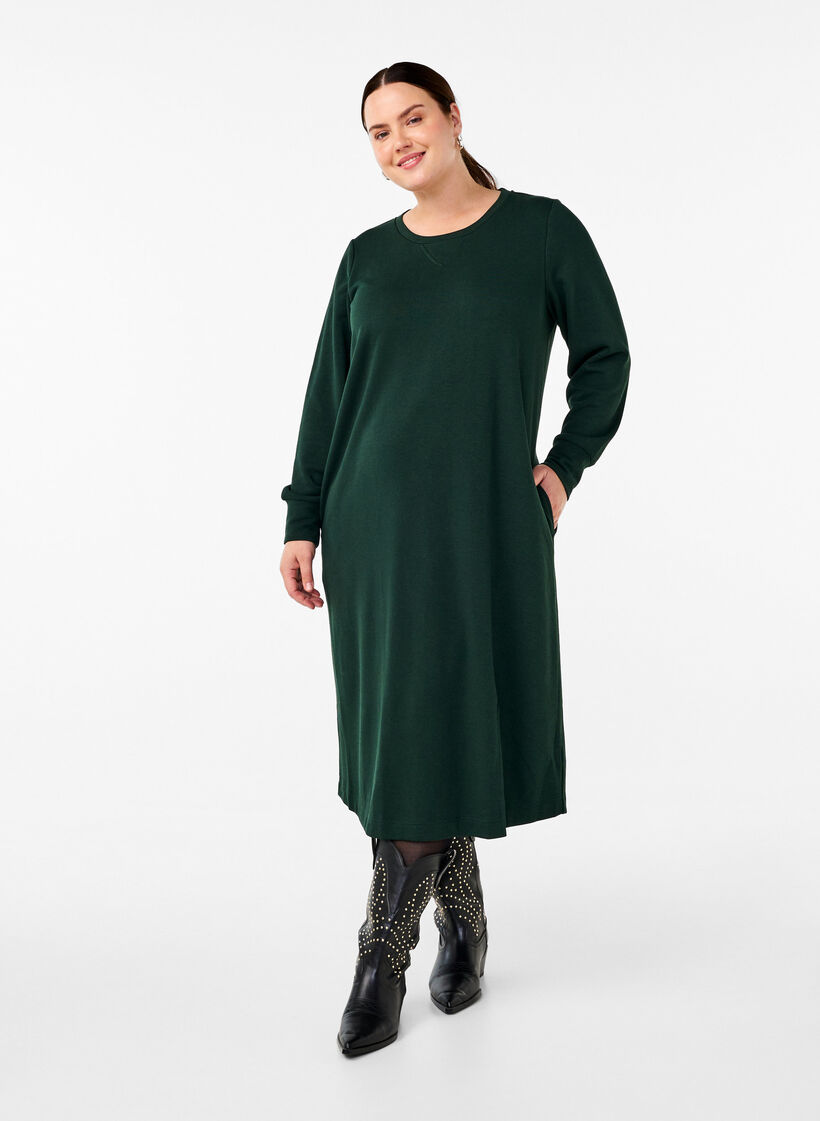 Cotton sweat dress with pockets, Green, Model image number 0