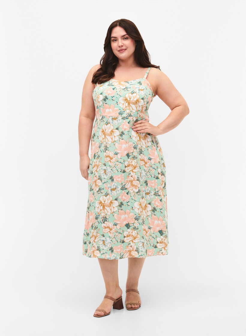 Floral viscose strap dress with smocking, Green Flower, Model image number 0