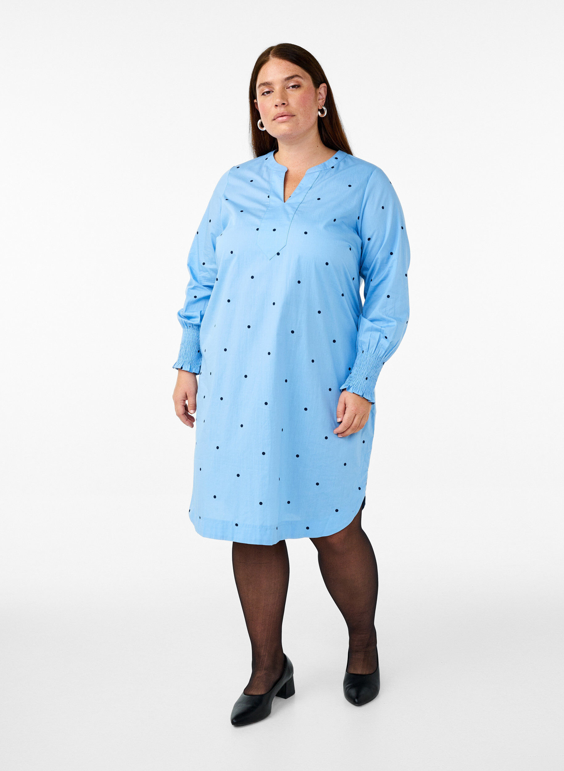 Zizzifashion Dress with polka dots and long sleeves, Light Blue, Model image number 1