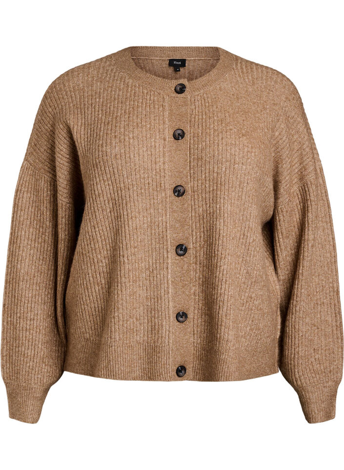 Rib knit cardigan with buttons, Brown, Packshot image number 0