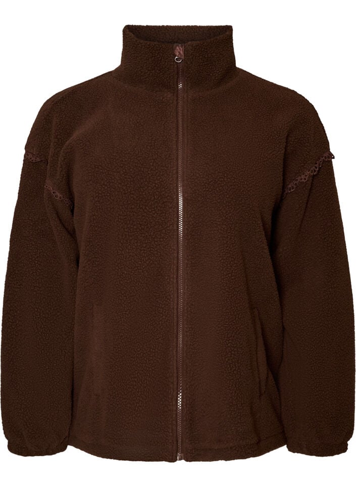 Teddy jacket with eyelet embroidery trim and high collar, Brown, Packshot image number 0
