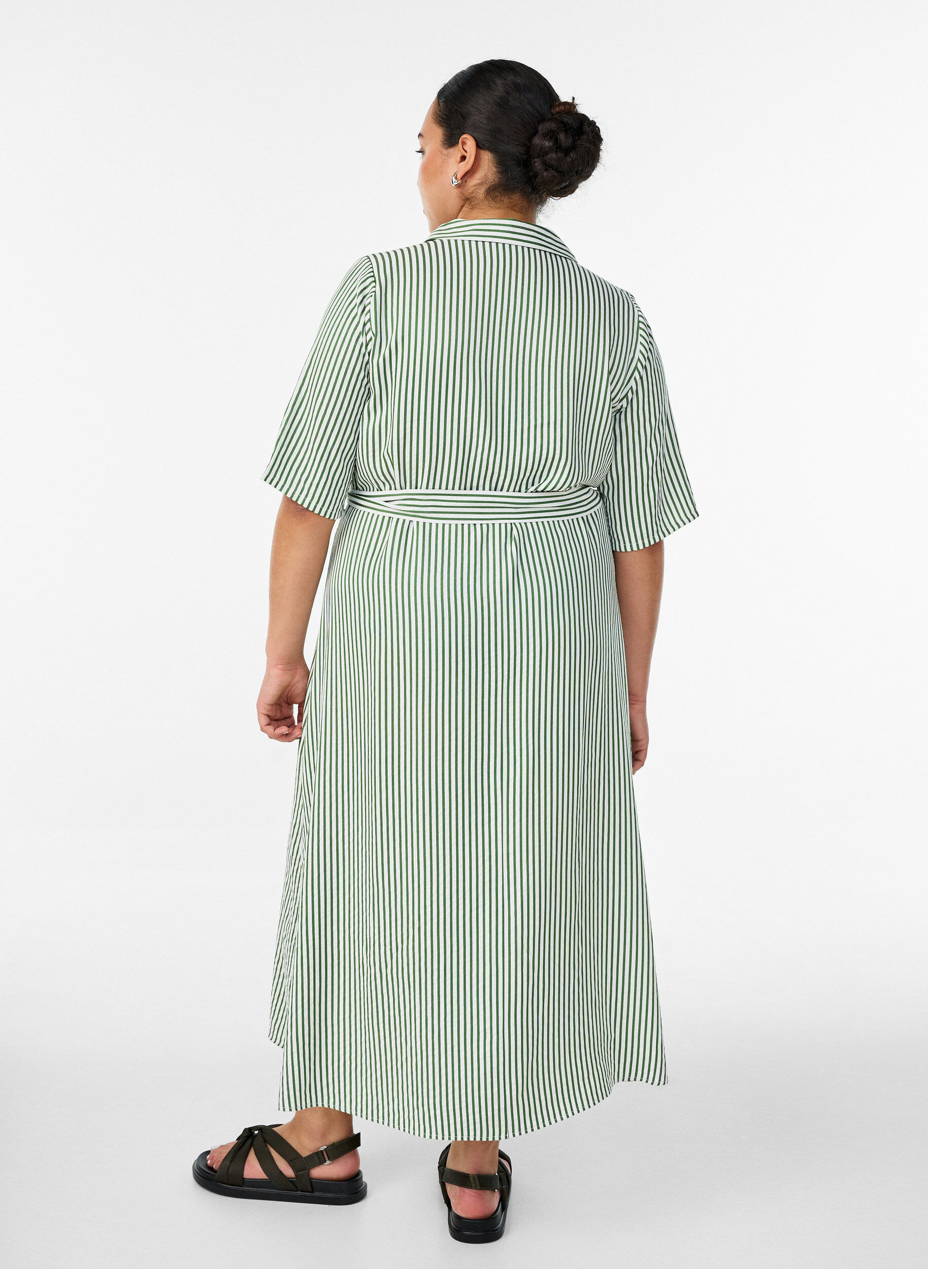 ZizzifashionAnkle-length shirt dress with tie belt and stripes, Green, Model image number 1