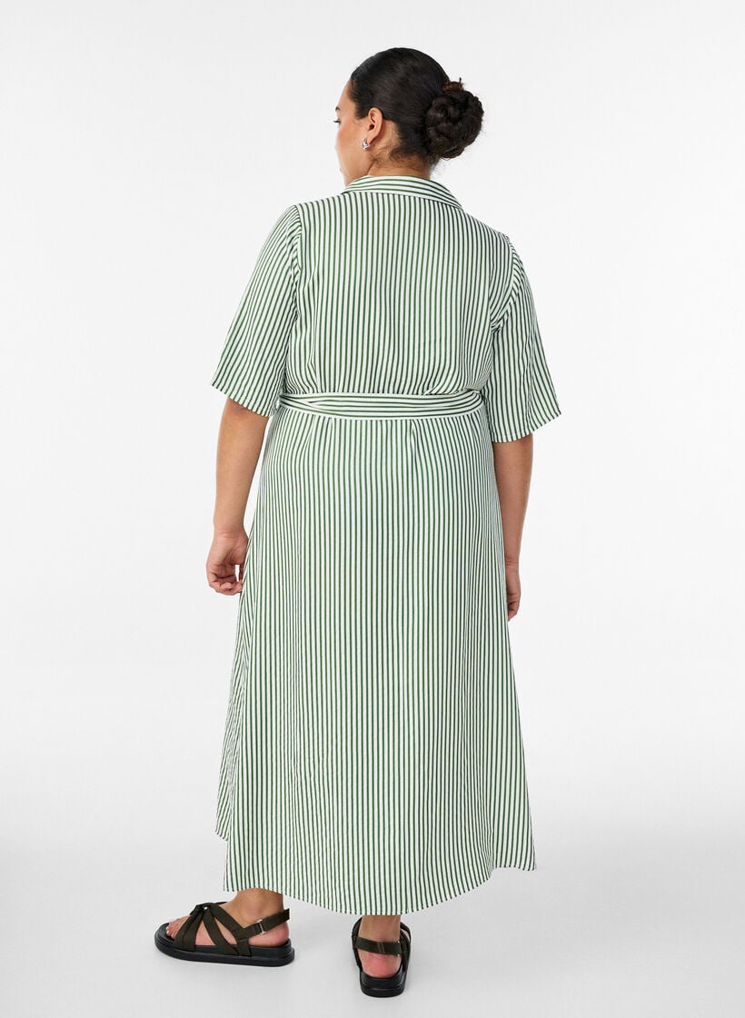 Ankle-length shirt dress with tie belt and stripes, Green, Model image number 1