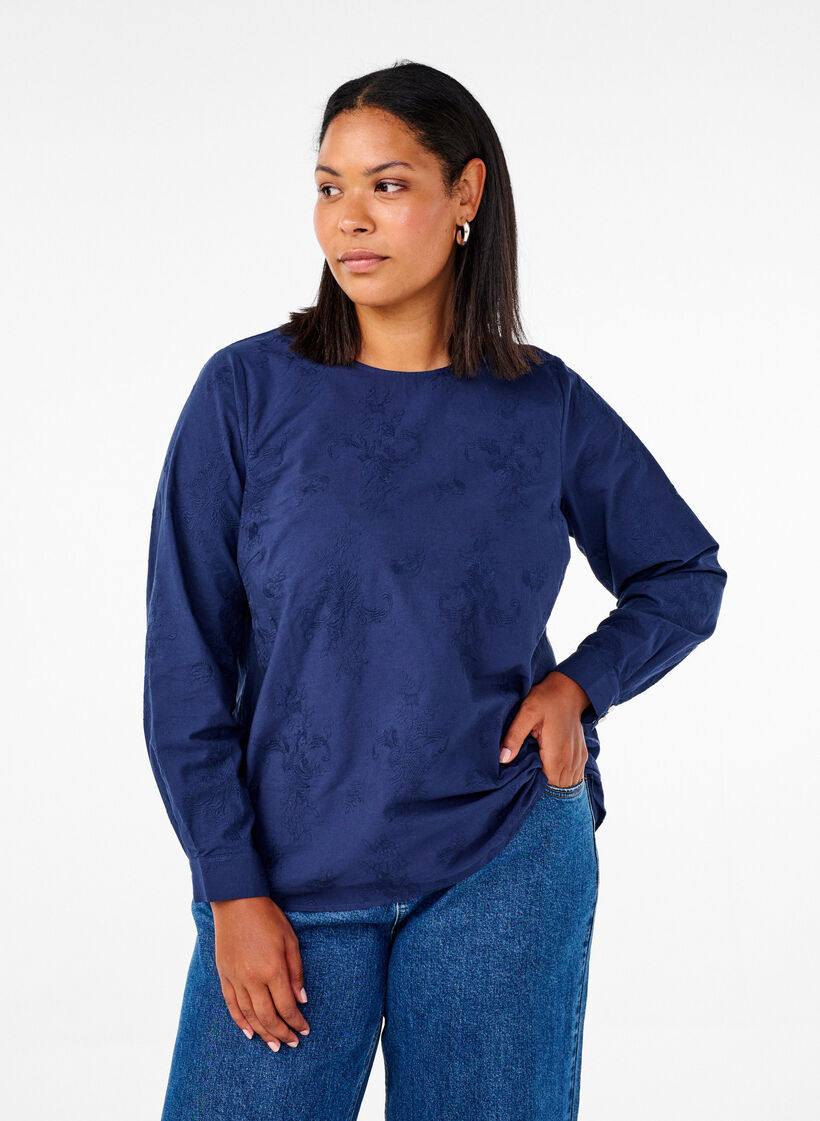 Long-sleeved blouse with embroidery, Blue, Model image number 0