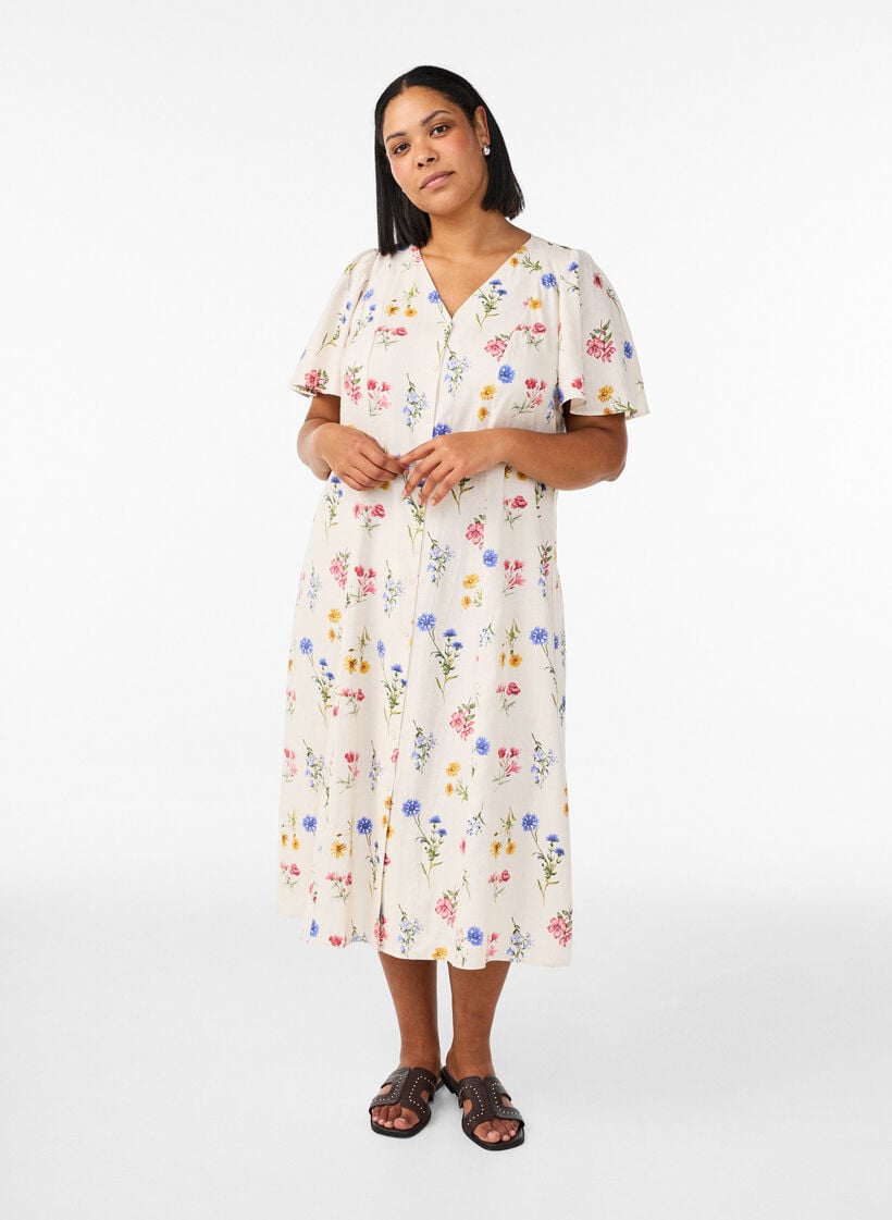 Midi dress in linen and viscose with ruffle sleeves, Beige, Model image number 0