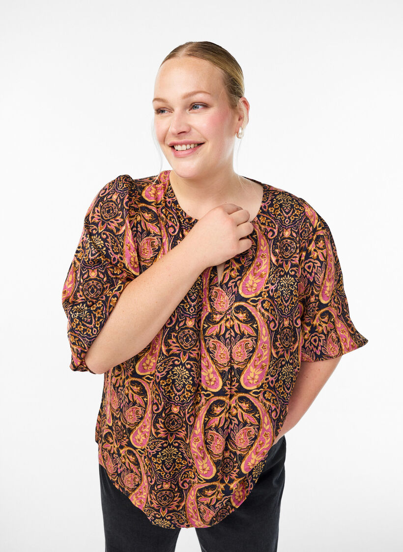 Blouse with paisley print and 3/4 sleeves, Blue, Model image number 3