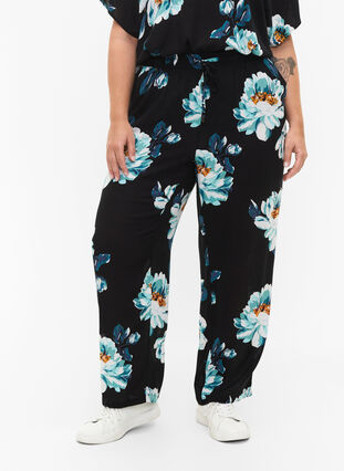 	 Viscose trousers with drawstring, Black Big Flower, Model image number 2