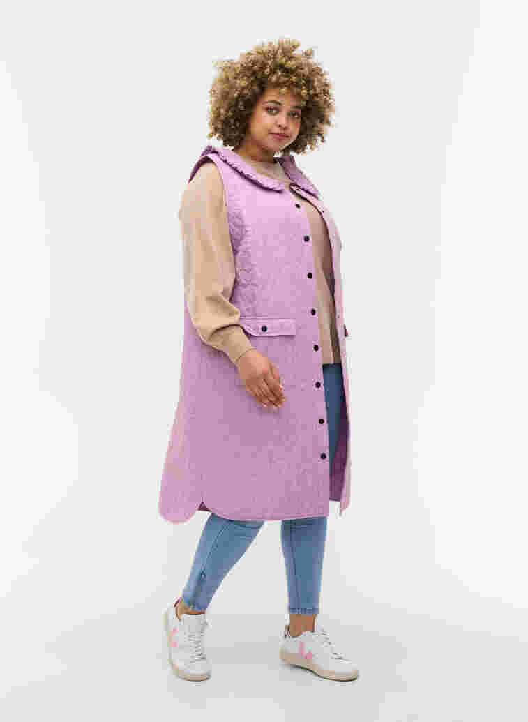Long quilted vest with collar and frills, Lavender Mist, Model image number 2