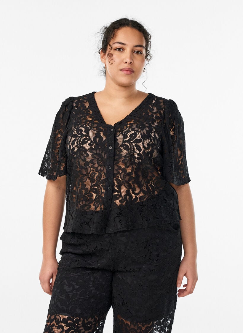 Short-sleeved lace blouse with V-neck, Black, Model image number 0