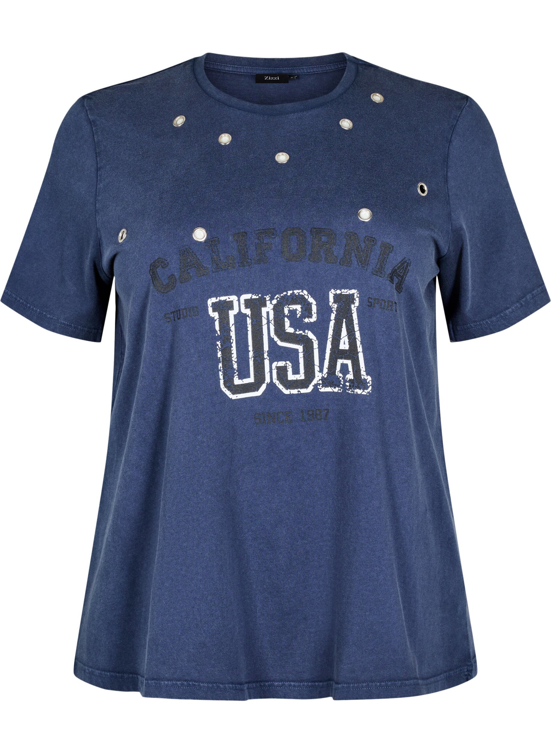 Zizzifashion T-shirt with eyelets and print, Navy Washed , Packshot image number 0