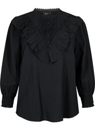 Viscose blouse with ruffles and embroidery detail, Black, Packshot