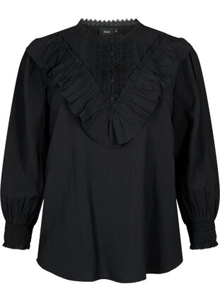 Viscose blouse with ruffles and embroidery detail, Black, Packshot image number 0