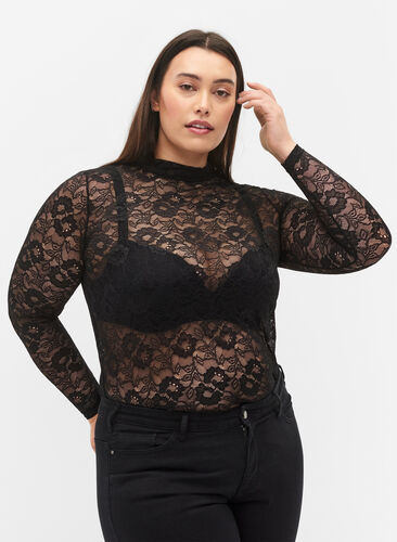 Long-sleeved lace blouse, Black Lace, Model image number 0
