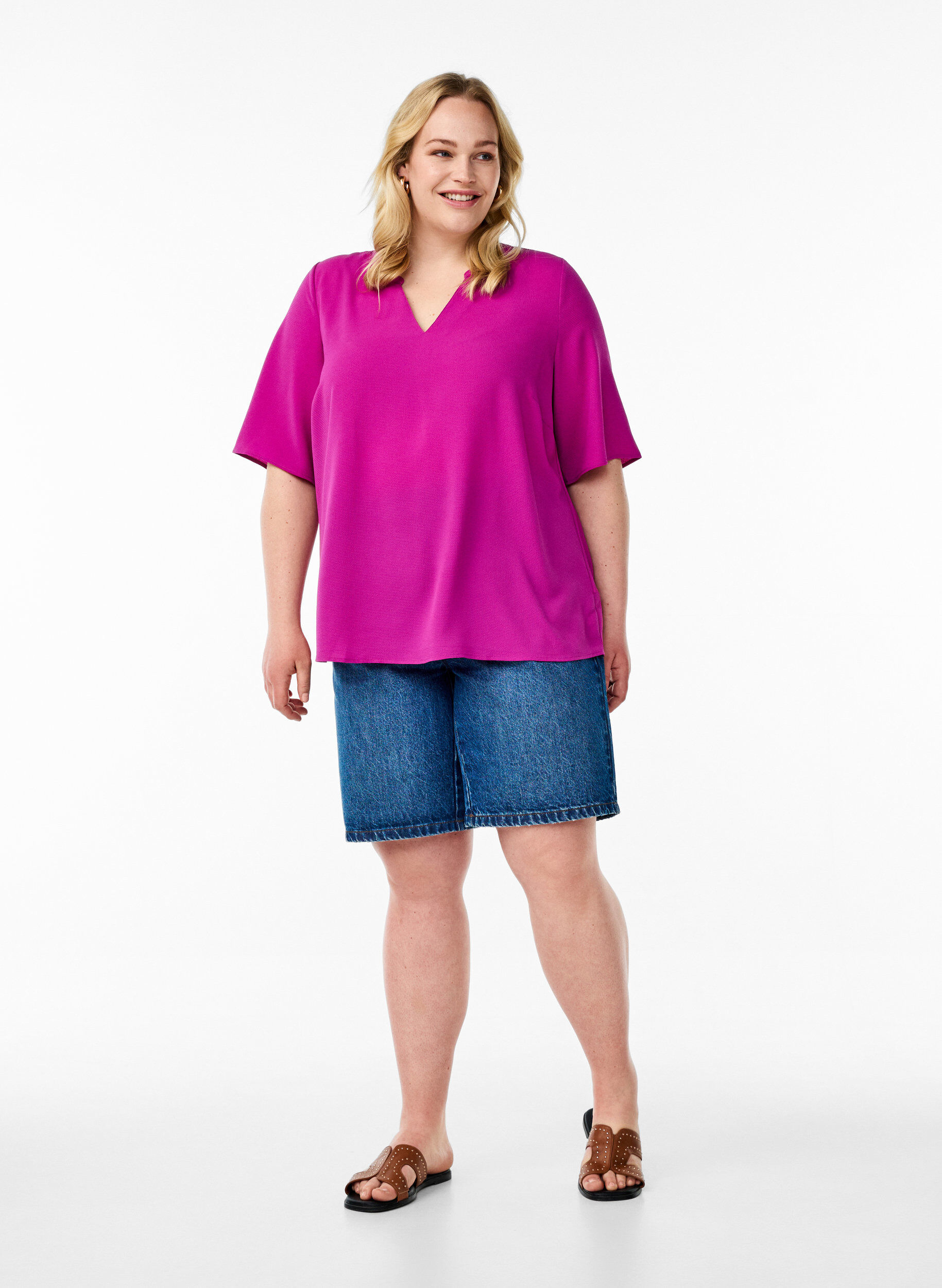 Zizzifashion Short-sleeved blouse with V-neck, Purple, Model image number 1